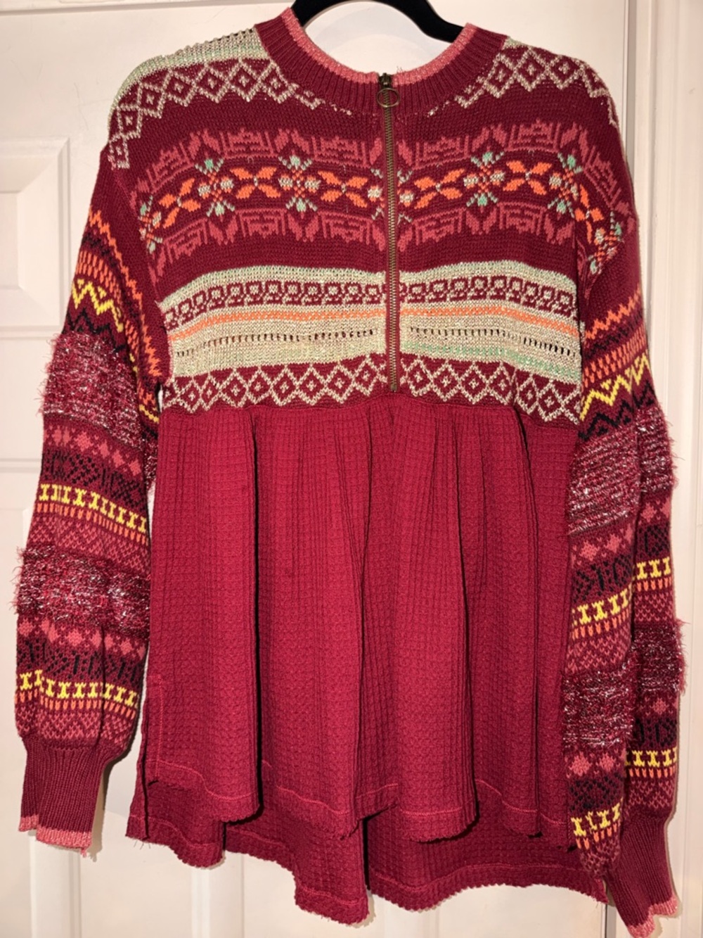 Free People Burgundy Multi-Pattern Half-Zip Knit Sweater